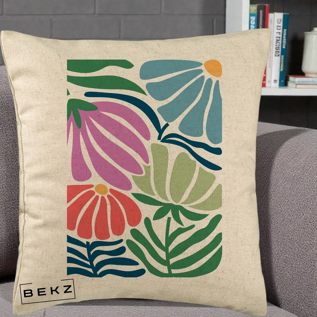 Perna Decorativa Flori Grafice Multicolore Modern, 40x40 cm, Bej, Husa Detasabila, Perna Inclusa, BEKZ®
