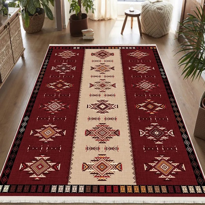 Covor camera antiderapant, 120x180 cm, etnic oriental rosu