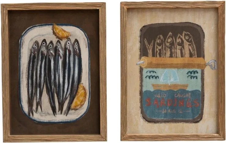 Set 2 tablouri vintage cu sardine din lemn și sticlă, natur, cu ilustrații imprimate pe hârtie, 40x30x2 cm, „Sardine"