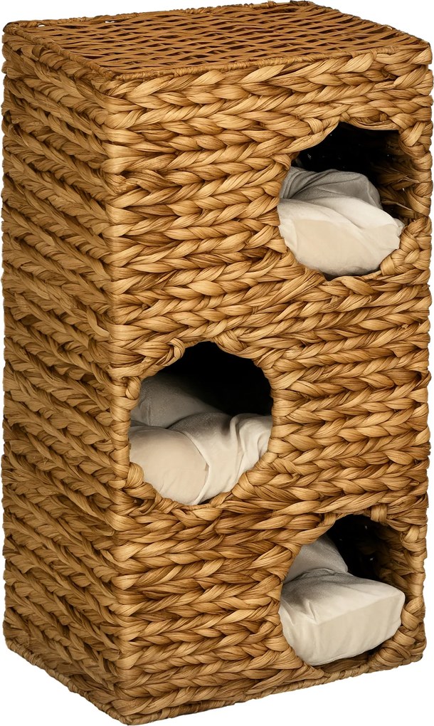 PawHut Copac pentru pisici cu turn de zgâriat, 3 etaje, perne căptușite, deschideri pentru ușă, hiacint de apă, maro deschis | Aosom Romania