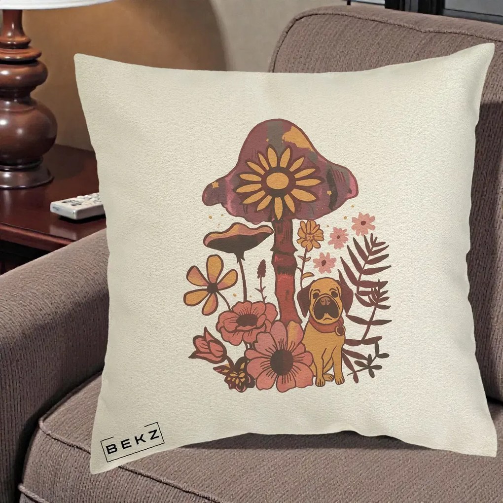 Perna Decorativa Ciuperca Caine Boho, 40x40 cm, Ecru, Husa Detasabila, Perna Inclusa, BEKZ®