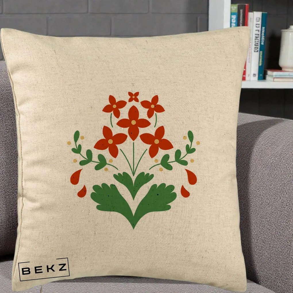 Perna Decorativa Buchet Floral Folk Rosu-Verde, 40x40 cm, Bej, Husa Detasabila, Perna Inclusa, BEKZ®