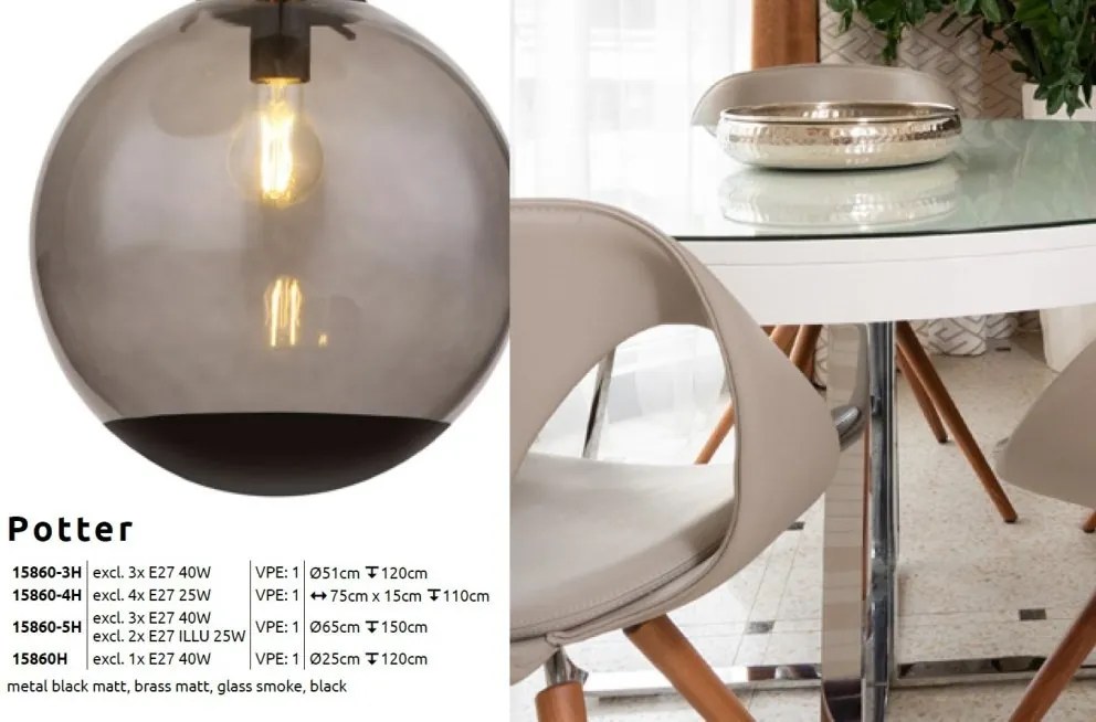 Lustra 5L design modern POTTER negru, fumuriu
