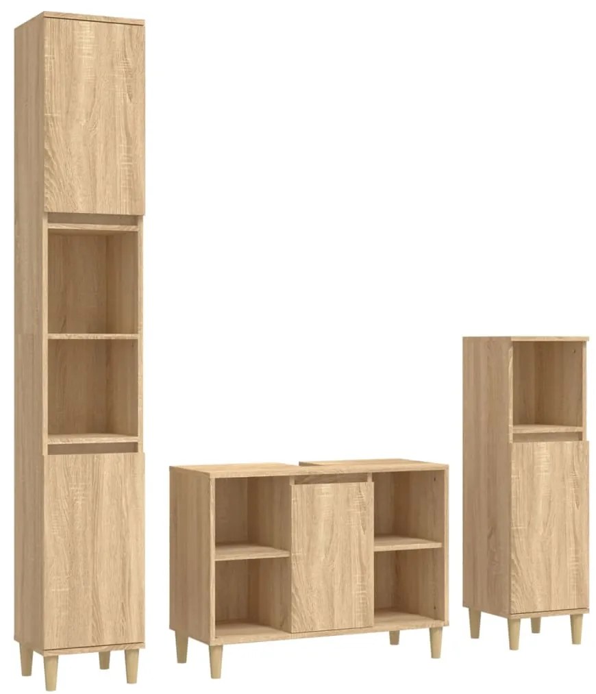 3185616 vidaXL Set mobilier de baie, 3 piese, stejar sonoma, lemn prelucrat