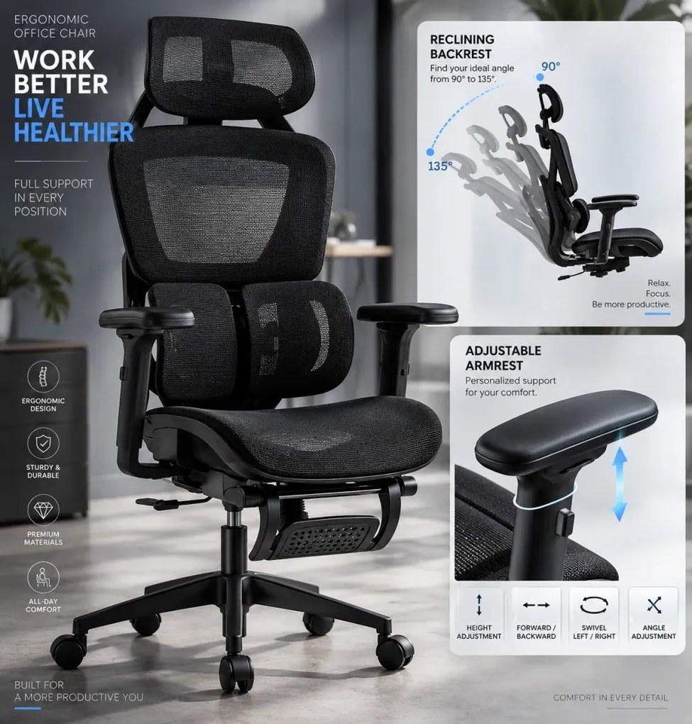 DOWINX H09 - Scaun Ergonomic, Suport lombar dublu reglabil, Tetieră 3D, Cotiere 3D, Înclinare 90°–135°, Suport picioare retractabil, Mesh, Negru