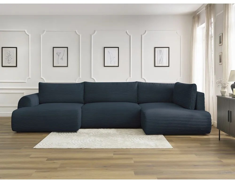 Colțar albastru închis extensibil/cu spațiu de depozitare cu tapițerie din catifea reiată (cu colț pe partea dreaptă/în formă de "U") Lucien – Bobochic Paris