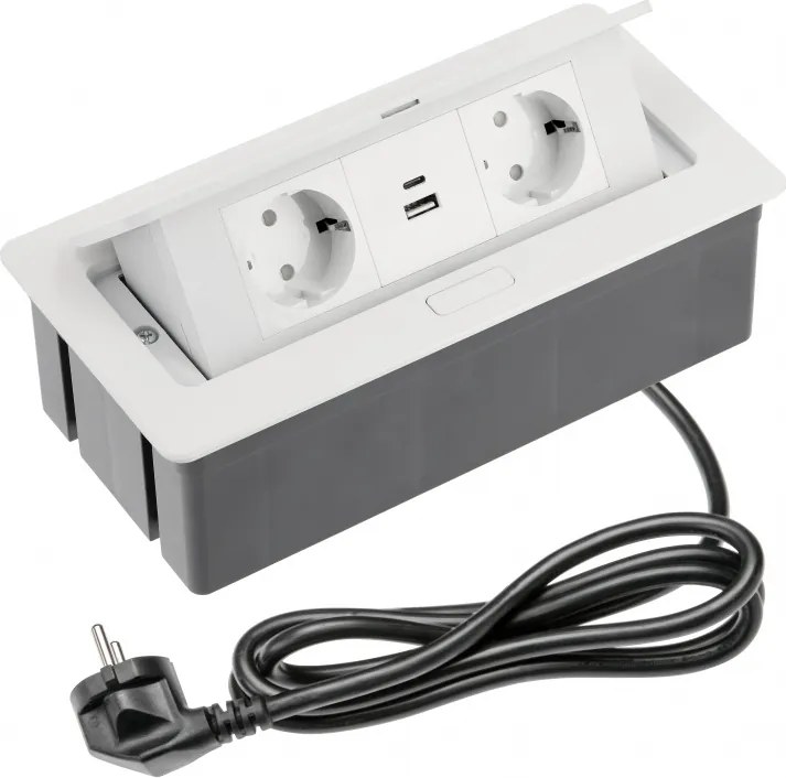 Priza incastrabila dreptunghiulara , 2 prize schuko, USB A+C, cablu 1.5m, alba, GTV