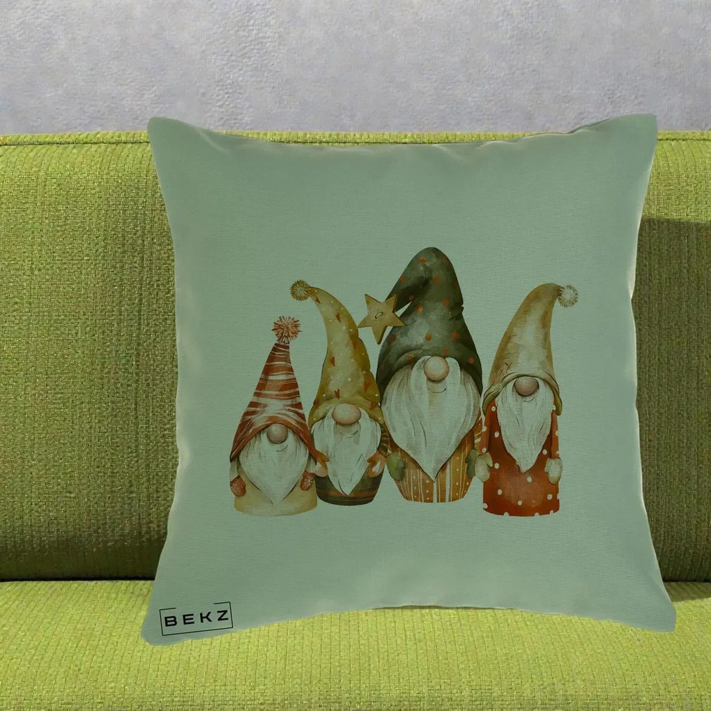 Perna Decorativa Gnomi de Craciun Patru, 40x40 cm, Verde, Husa Detasabila, Perna Inclusa, BEKZ®