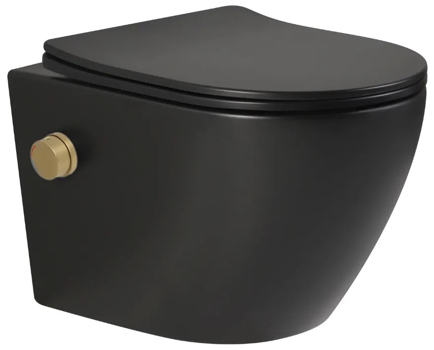 Vas wc suspendat cu functie bideu, negru mat, apa calda rece, rimless, baterie inclusa auriu mat Foglia Oslo Baterie auriu mat