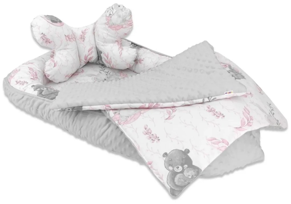 Baby Nellys Cu două fețe cuib, cocon minky 55 x 75 cm, Lulu Natural - roz/gri