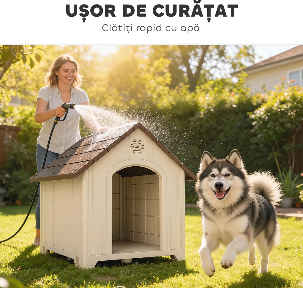 PawHut Căsuță pentru Câini de Exterior, Talie Mare și XL, Adăpost din Plastic Impermeabil cu Bază Ridicată, Ferestre și Acoperiș Înclinat pentru Grădină, Terasă, Curte, 102x94x103 cm, Bej | Aosom Romania