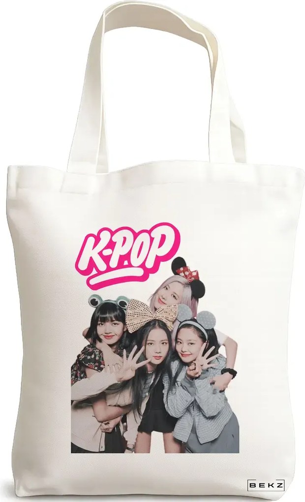 Sacosa de Panza pentru Cumparaturi, Geanta Tote, model Blackpink k-pop, 38x34.5 cm, Alba, BEKZ®