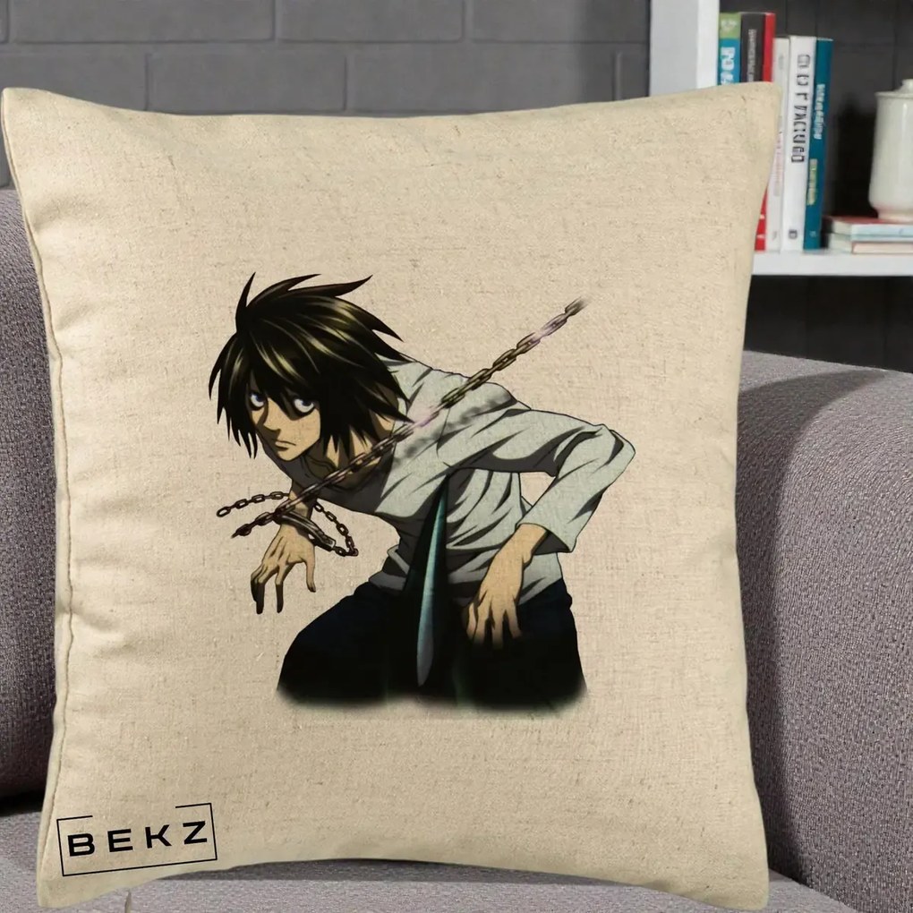 Perna Personalizata Death Note L Lawliet Lanturi, 40x40 cm, Bej, Husa Detasabila, Perna Inclusa, BEKZ®
