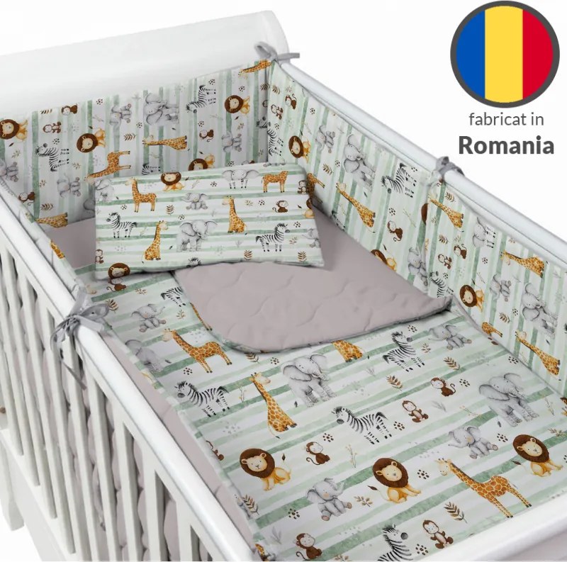 Lenjerie matlasata 5 piese patut bebe 120x60 cm Kidizi Safari cu doua fete, aparatoare laterale integrale, umplutura antialergica