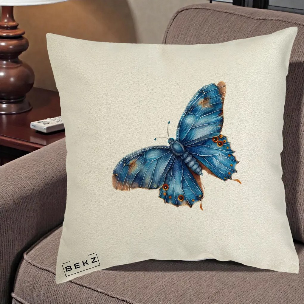 Perna Decorativa Fluture Albastru Satin cu Pete Aurii, 40x40 cm, Ecru, Husa Detasabila, Perna Inclusa, BEKZ®