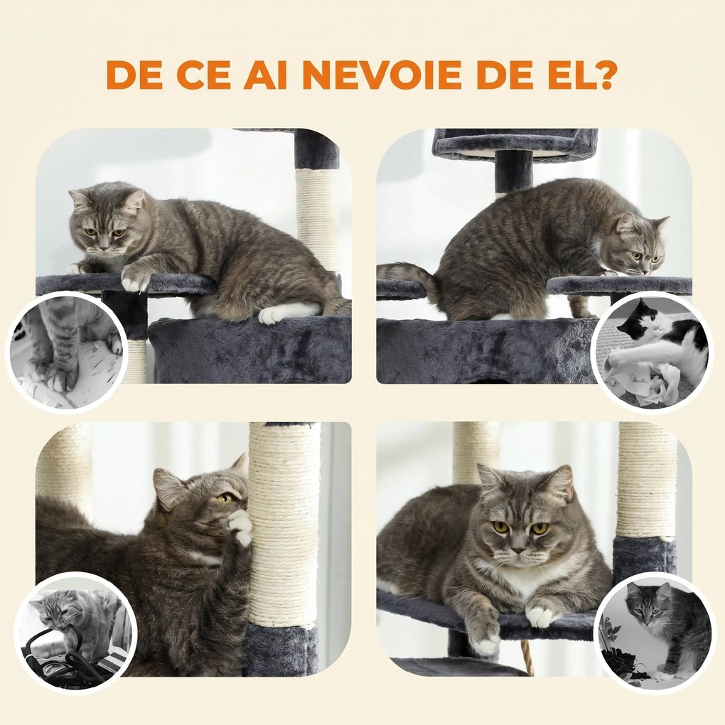PawHut Copac Stâlp de Zgâriat Per Pisici Înalt 200cm Con Căsuțe E Hamace Gri Închis | Aosom Romania