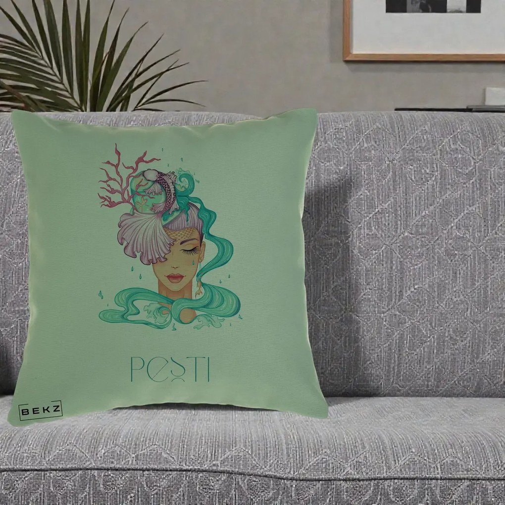 Perna Personalizata Zodiac Pesti Cowgirl, 40x40 cm, Verde, Husa Detasabila, Perna Inclusa, BEKZ®