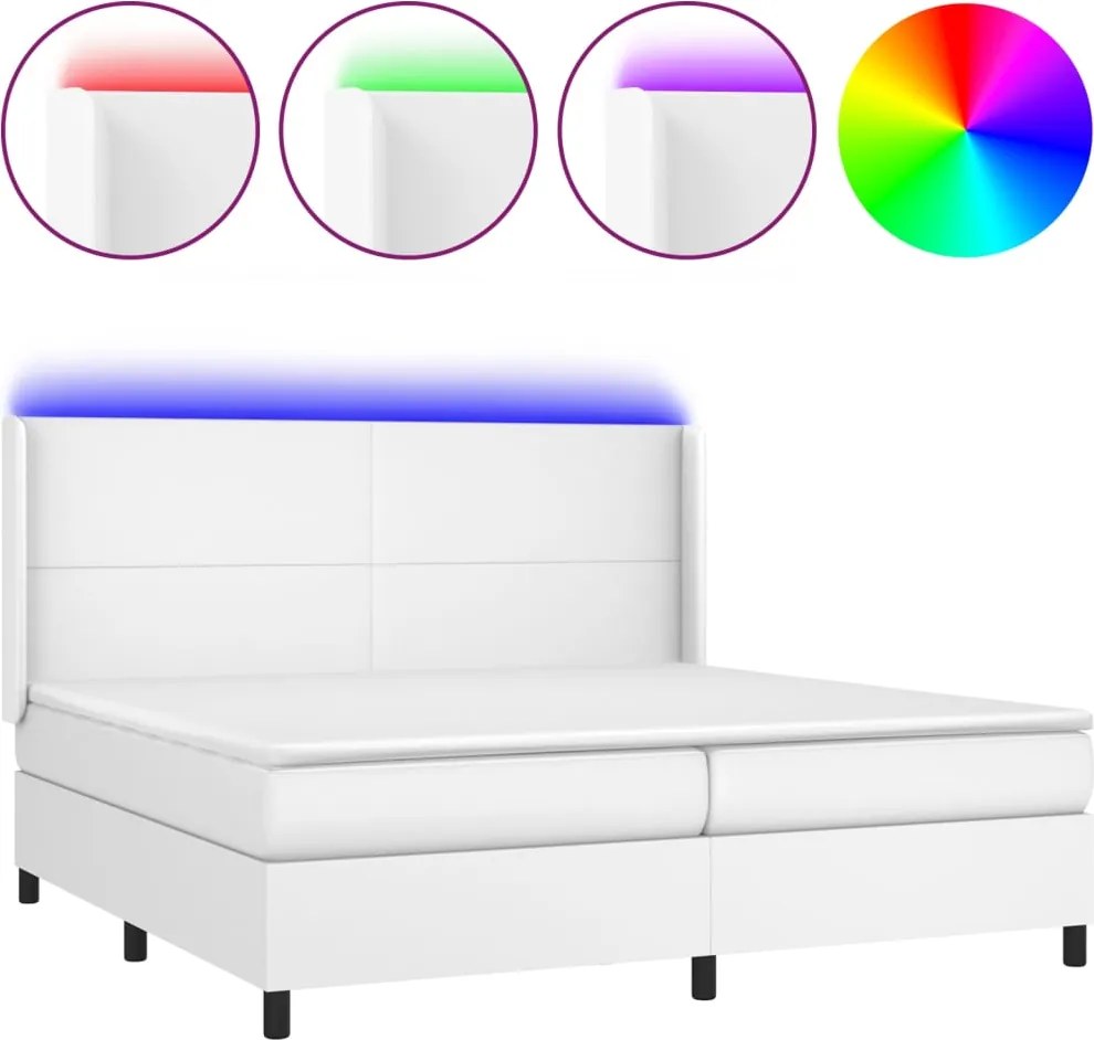 vidaXL Pat cu arcuri, cu saltea și LED, alb, 200x200 cm, piele eco