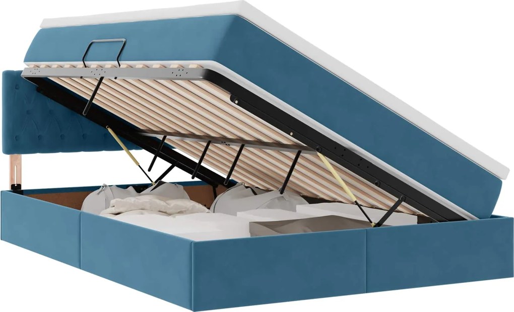 vidaXL Pat cu storage cu saltea Albastru închis 140 x 190 cm Catifea