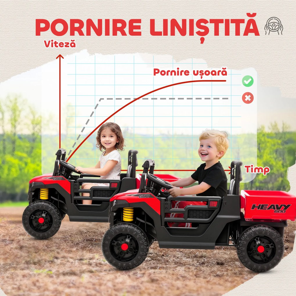 AIYAPLAY Mașină Electrică pentru Copii UTV 12V Off-road cu Portbagaj, 2 Motoare, Centură în 3 Puncte, Telecomandă, Suspensii, USB, Muzică, Lumini, 1.8-3.7 km/h, 3-8 Ani, Roșu | Aosom Romania