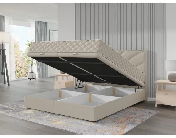 Pat tapițat GINA 160x200 cm, bej, cu saltele incluse și spațiu de depozitare