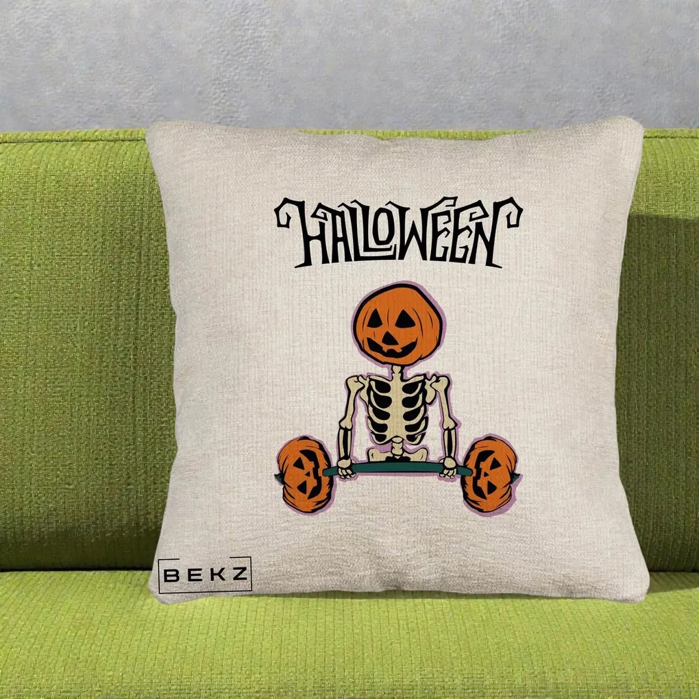 Perna Decorativa Halloween Schelet cu Cap de Dovleac Powerlifting, 40x40 cm, Bej Canapea, Husa Detasabila, Perna Inclusa, BEKZ®