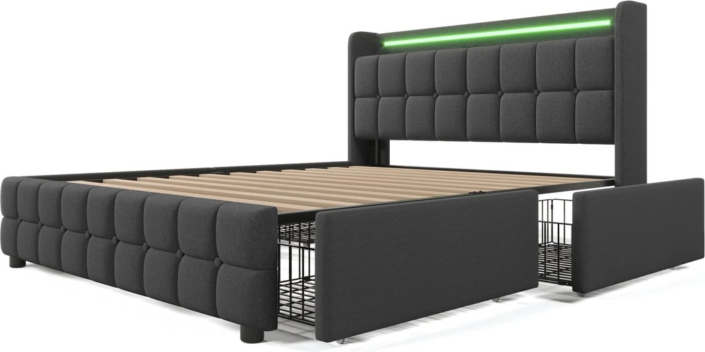 Pat cu tăblie USB și iluminare LED, 4 sertare, structură din lemn, tăblie tapițată, 140x200 cm, Gri