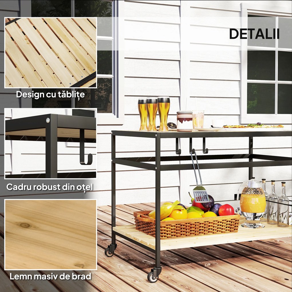 Outsunny Cărucior cu Roți din Lemn cu 2 Rafturi, 3 Cârlige, Blat cu Lamele și Mâner 107x65x80 cm Natural | Aosom Romania