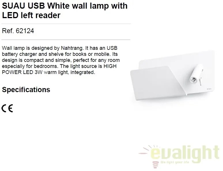 Aplica de perete / Lampa cu reader LED SUAU USB alb dormitor stanga 62124