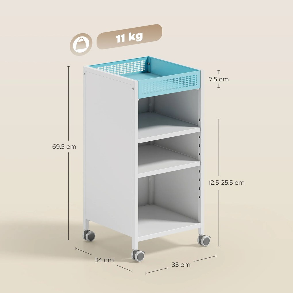 HOMCOM Bibliotecă mobilă cu rafturi reglabile, 3-stufiger Rollwagen mit oberem Korb, Weiß | Aosom Romania