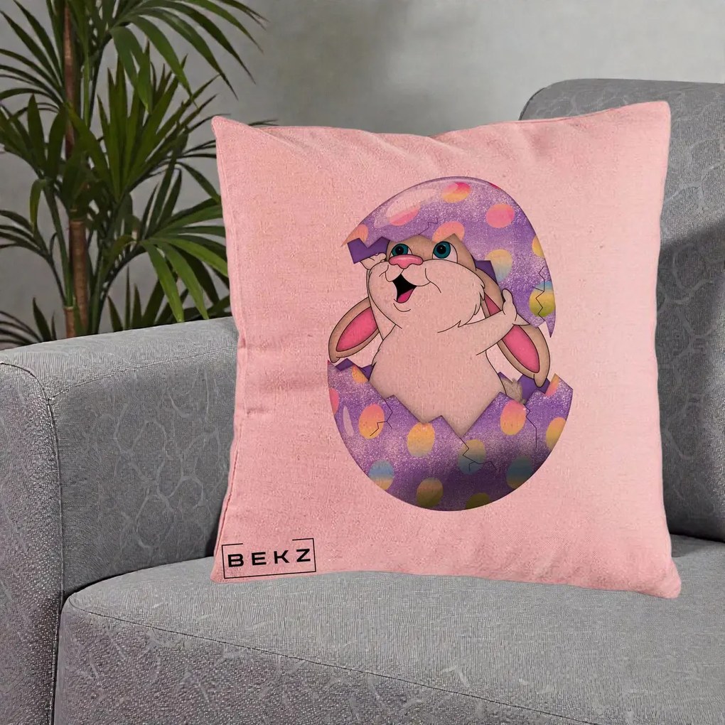 Perna Decorativa Iepuras din Ou de Pasti, 40x40 cm, Roz, Husa Detasabila, Perna Inclusa, BEKZ®