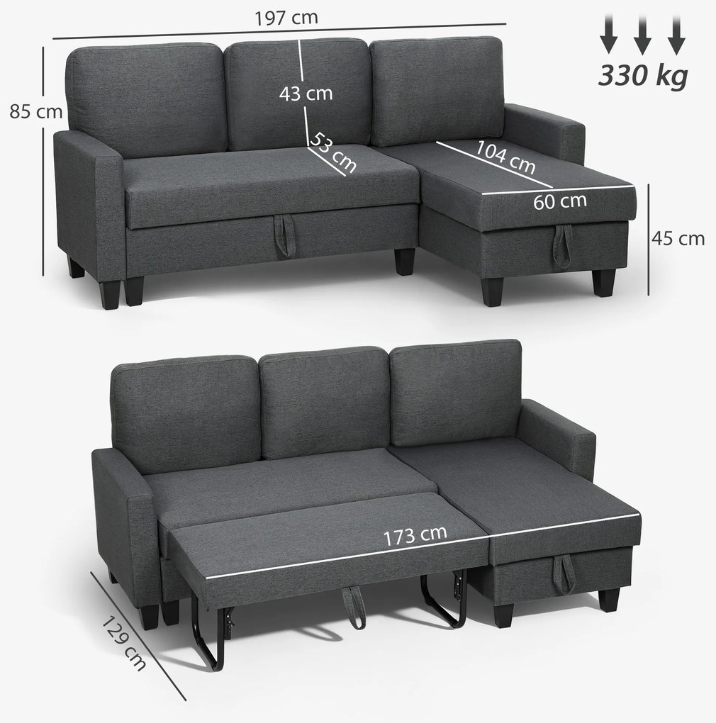 HOMCOM Canapea Extensibilă cu 3 Locuri cu Șezlong și Spațiu de Depozitare, 197x129x85 cm, Gri Închis | Aosom Romania