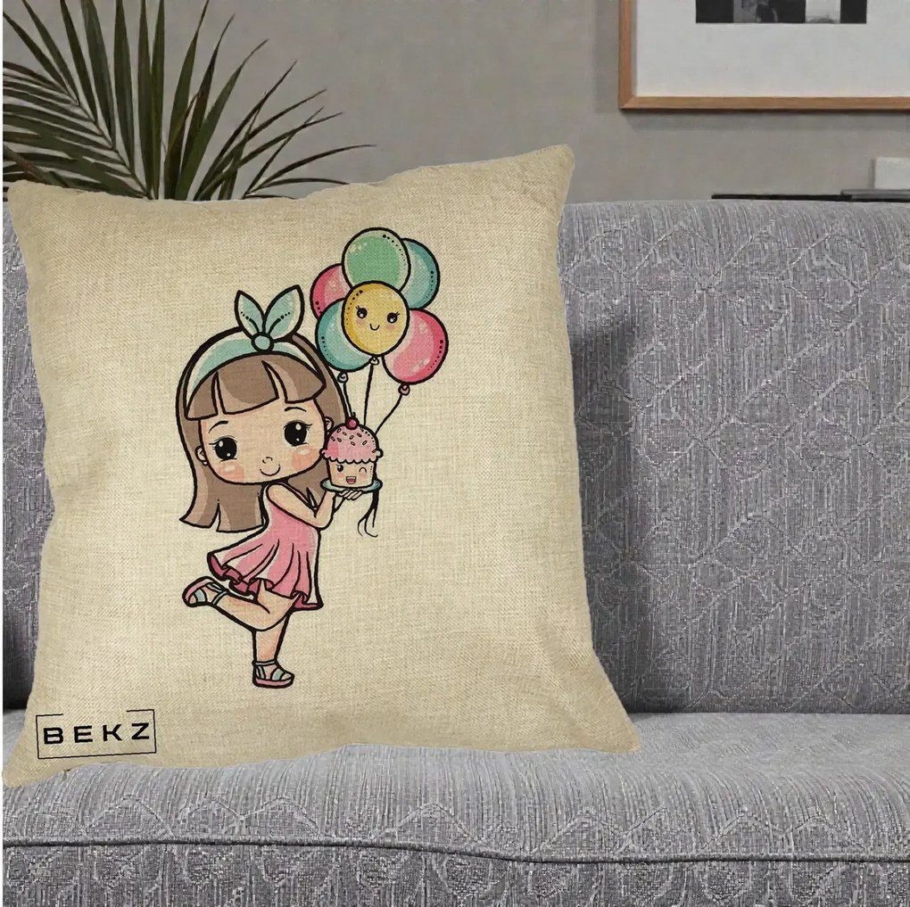 Perna Decorativa Fetita Kawaii cu Baloane si Cupcake, 40x40 cm, Crem, Husa Detasabila, Perna Inclusa, BEKZ®