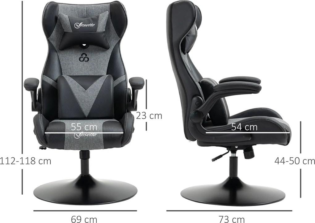 Vinsetto Fotoliu de gaming ergonomic cu bază rotundă înălțime reglabilă, brațe rabatabile, perne pentru cap și lombari PU gri și negru | Aosom Romania