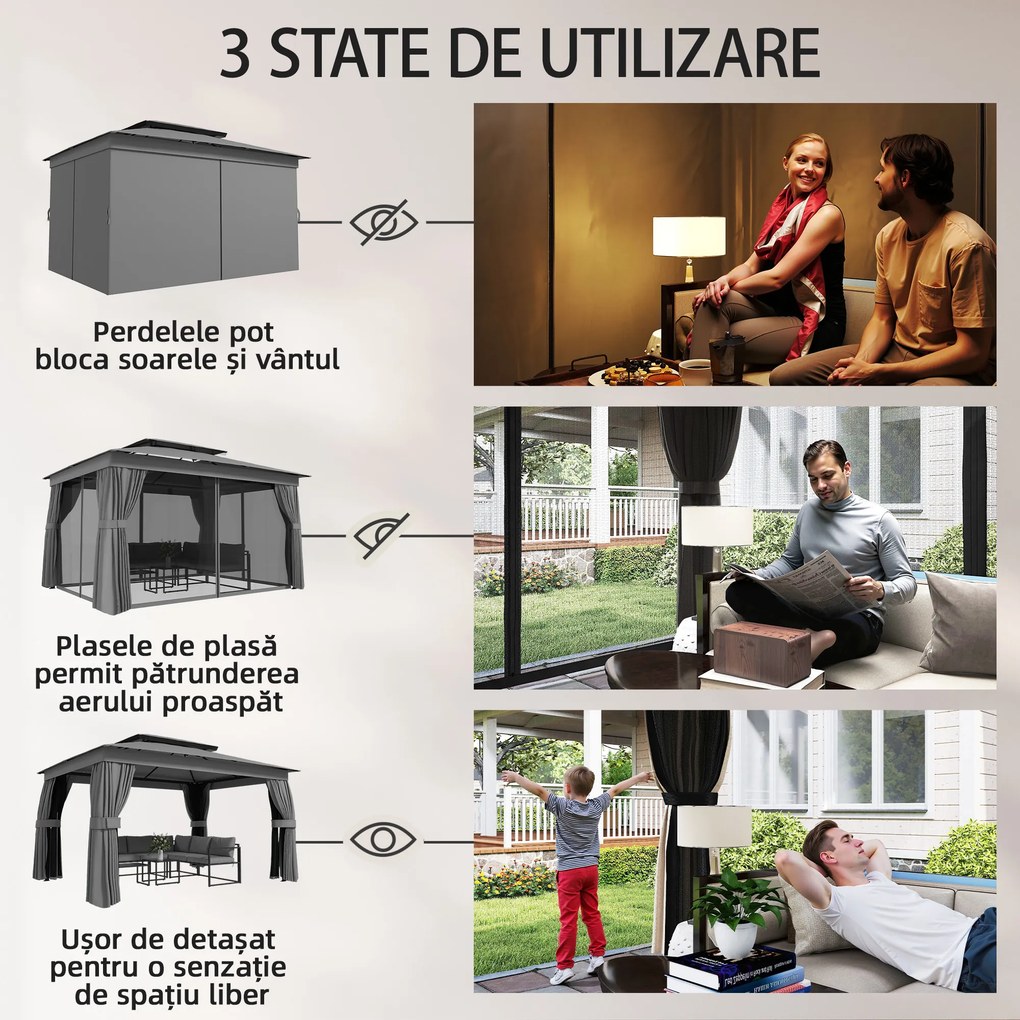 Outsunny Pavilion de Grădină 3,8x3 m cu Perdele, Plasă de Țânțari, Cârlige, Pavilion de Exterior cu Acoperiș Dublu, Orificii de Drenaj, Structură Metalică, pentru Grădină, Terasă, Petreceri, UV30+, Gri Închis | Aosom Romania