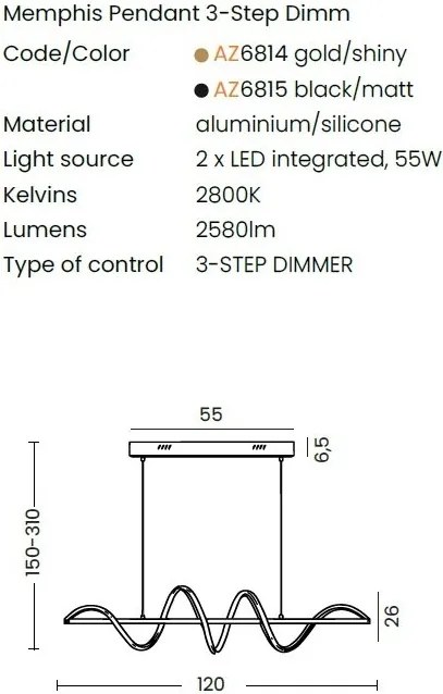Lustra LED suspendata design modern MEMPHIS negru 3-STEP DIMM