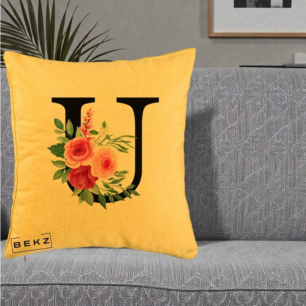Cadou Personalizat - Perna Personalizata Monograma Florala Litera U, 40x40 cm, Galben, Husa Detasabila, Perna Inclusa, BEKZ®