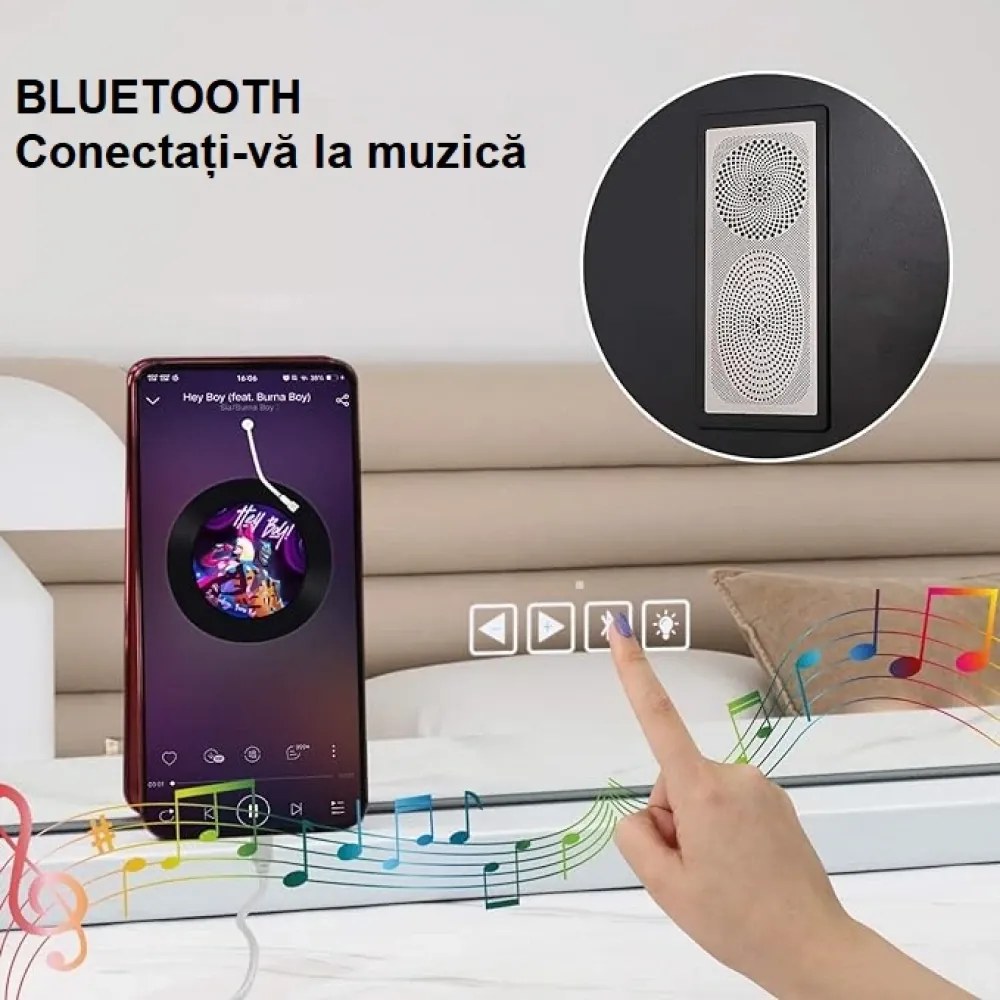 Oglindă cosmetică HANSONG, 18 becuri LED, Bluetooth, Difuzor, încărcare USB, 3 moduri iluminare, montare pe masă sau pe perete, 80x58 cm