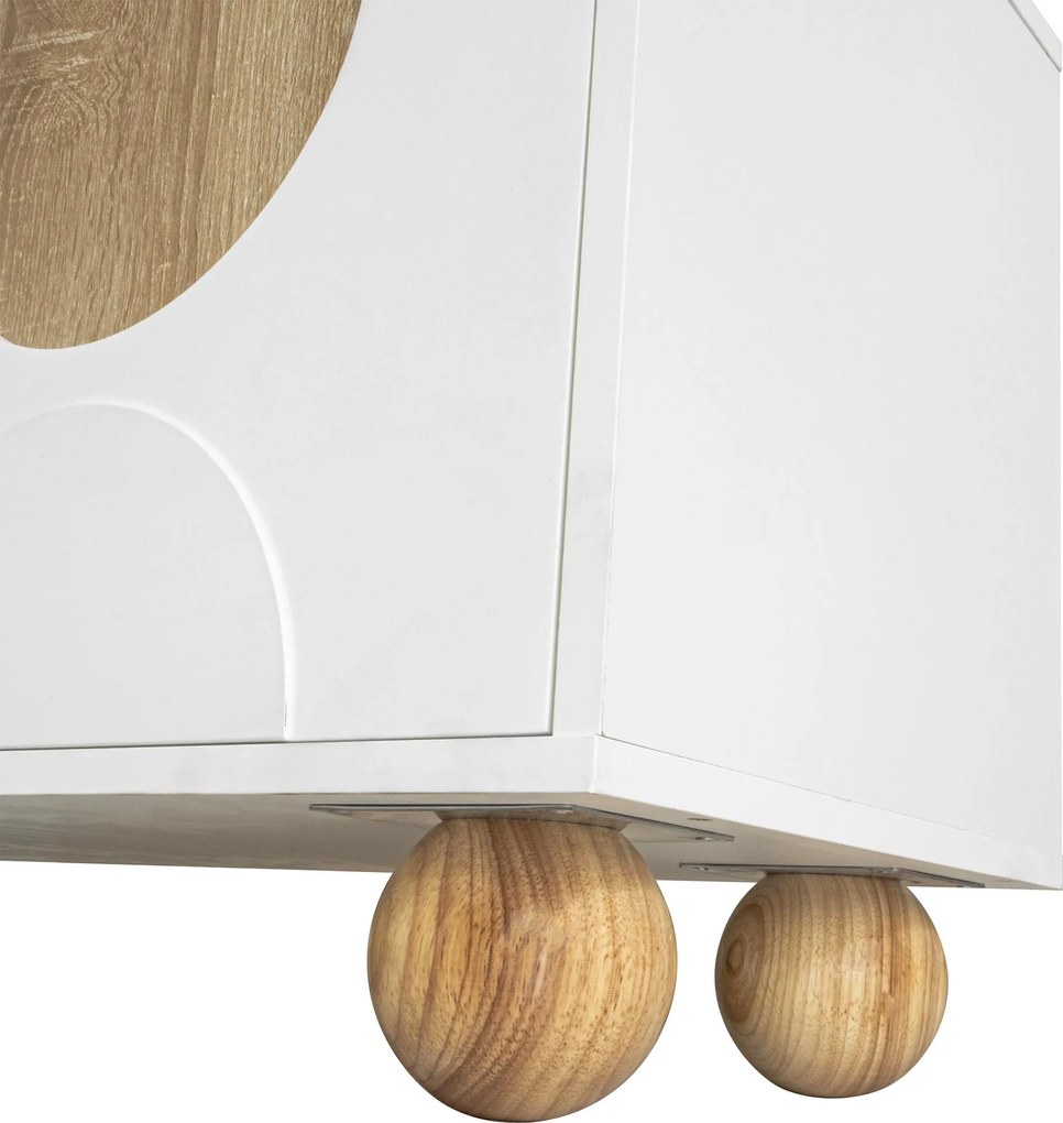 Comodă TV cu 4 uși, design minimalist cu aspect de lemn și finisaj alb, 175x38x50 cm, Culoare naturală+Alb