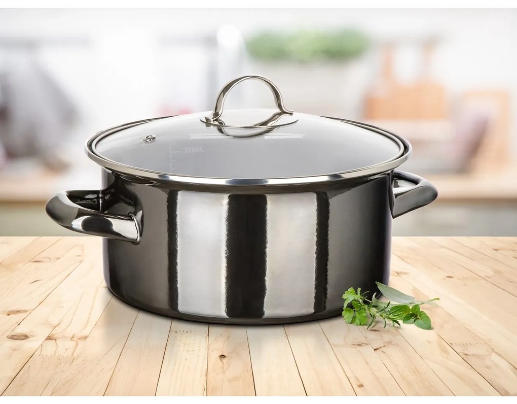 Banquet Oală emailată METALLIC Black 22 cm, 3,7 5l, cu capac, 22 cm