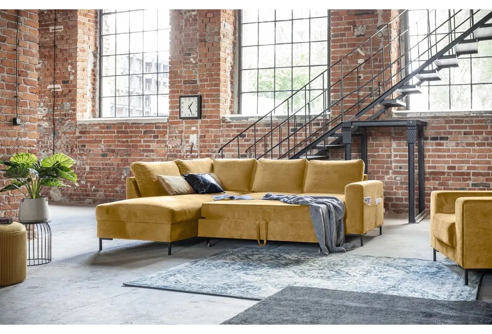 Colțar galben extensibil cu tapițerie din catifea (cu colț pe partea stângă ) Lofty Lilly – Miuform