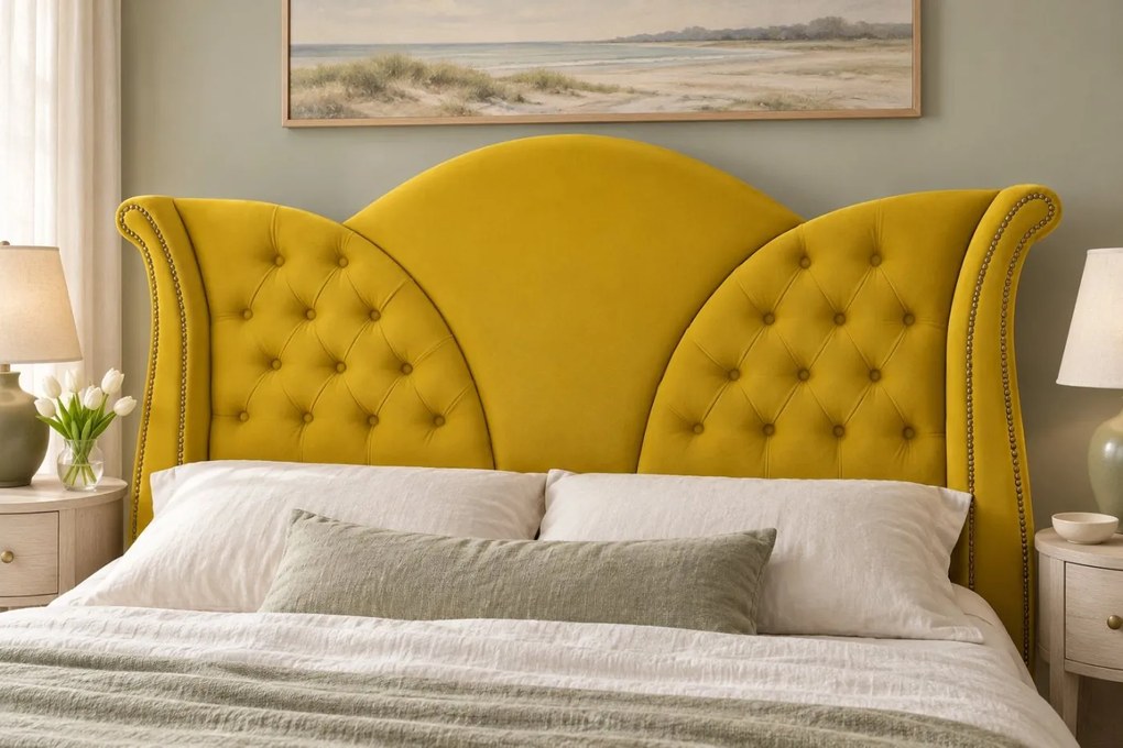 Pat tapițat Chesterfield din catifea Velora 160×200 cm, galben muștar, cu ladă de depozitare