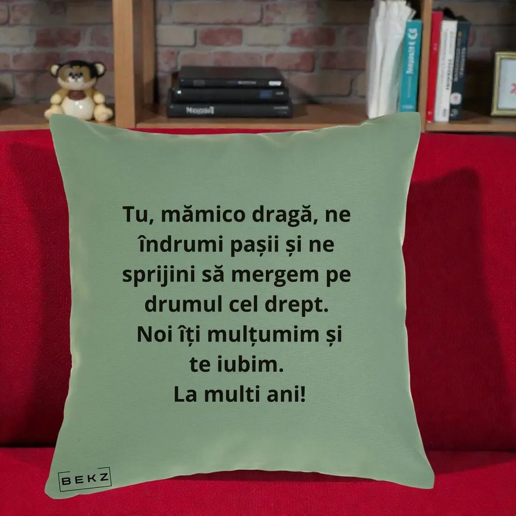 Cadou pentru Mama - Perna Personalizata Mamico Draga Te Iubim La Multi Ani cu Text Negru, 40x40 cm, Verde, Husa Detasabila, Perna Inclusa, BEKZ®