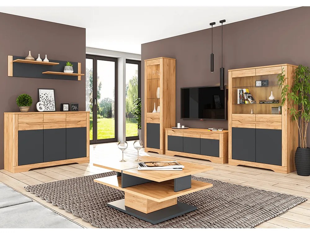 Vitrina C, stejar craft auriu / grafit gri, FIDEL