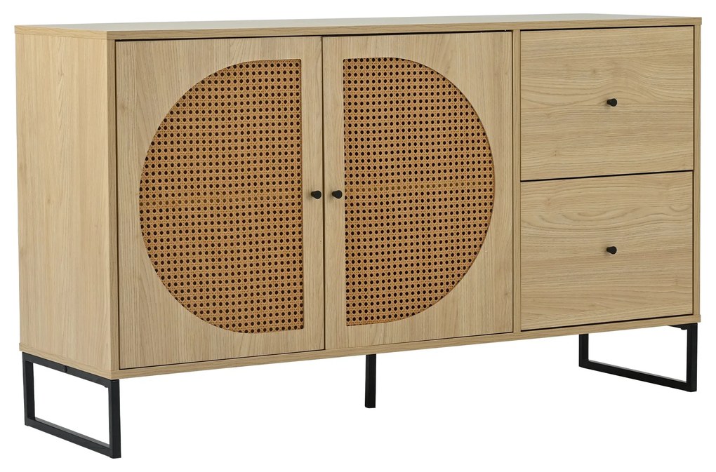 Comodă Modernă cu 2 Uși Decorate în Rattan și 2 Sertare, Multiuso pentru Living, Bucătărie și Birou, 130x40x75 cm, Culoare naturală