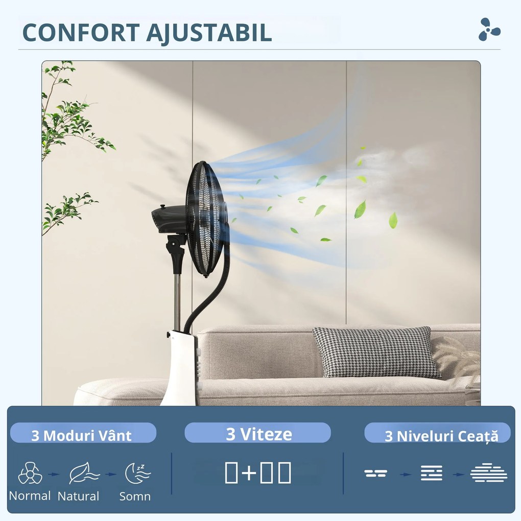 HOMCOM Ventilator Nebulizant cu Cronometru, 3 Moduri, 3 Viteze, Platformă Metalică și Platformă ABS, 44.5x38.5x120 cm, Negru | Aosom Romania