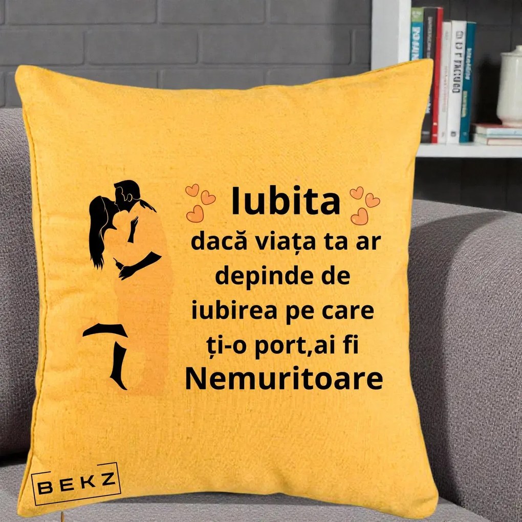 Cadou pentru Iubita - Perna Personalizata Iubita Nemuritoare cu Siluete de Cuplu, 40x40 cm, Galben, Husa Detasabila, Perna Inclusa, BEKZ®