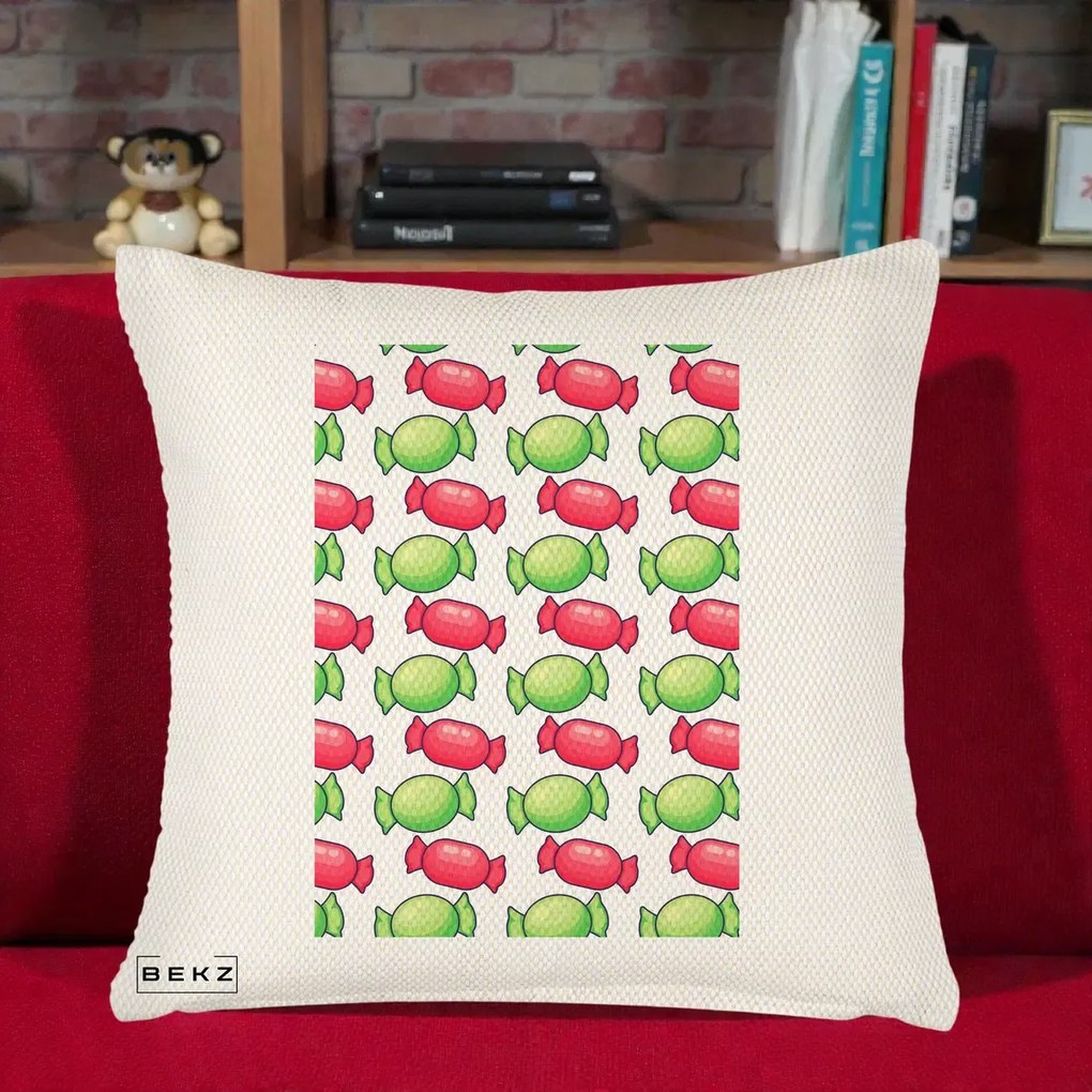 Perna Decorativa Bomboane Craciun Pattern, 40x40 cm, Crem Reliefat, Husa Detasabila, Perna Inclusa, BEKZ®