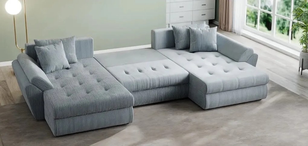 Colțar extensibil dumonde cu ladă de depozitare si sezut confortabil din spuma high-density, Loana U Zoom Grey 355x185 cm