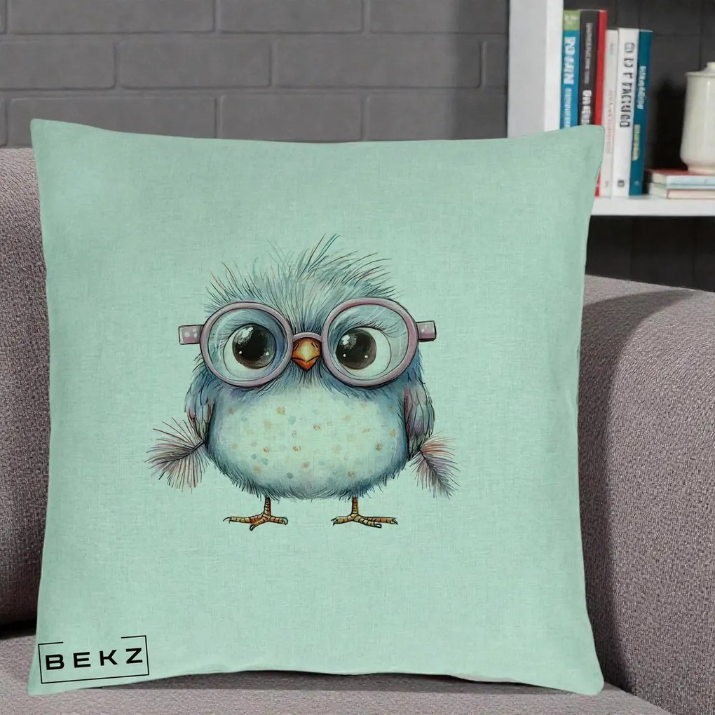 Perna Decorativa Pui Pufos cu Ochelari Roz, 40x40 cm, Verde Menta, Husa Detasabila, Perna Inclusa, BEKZ®